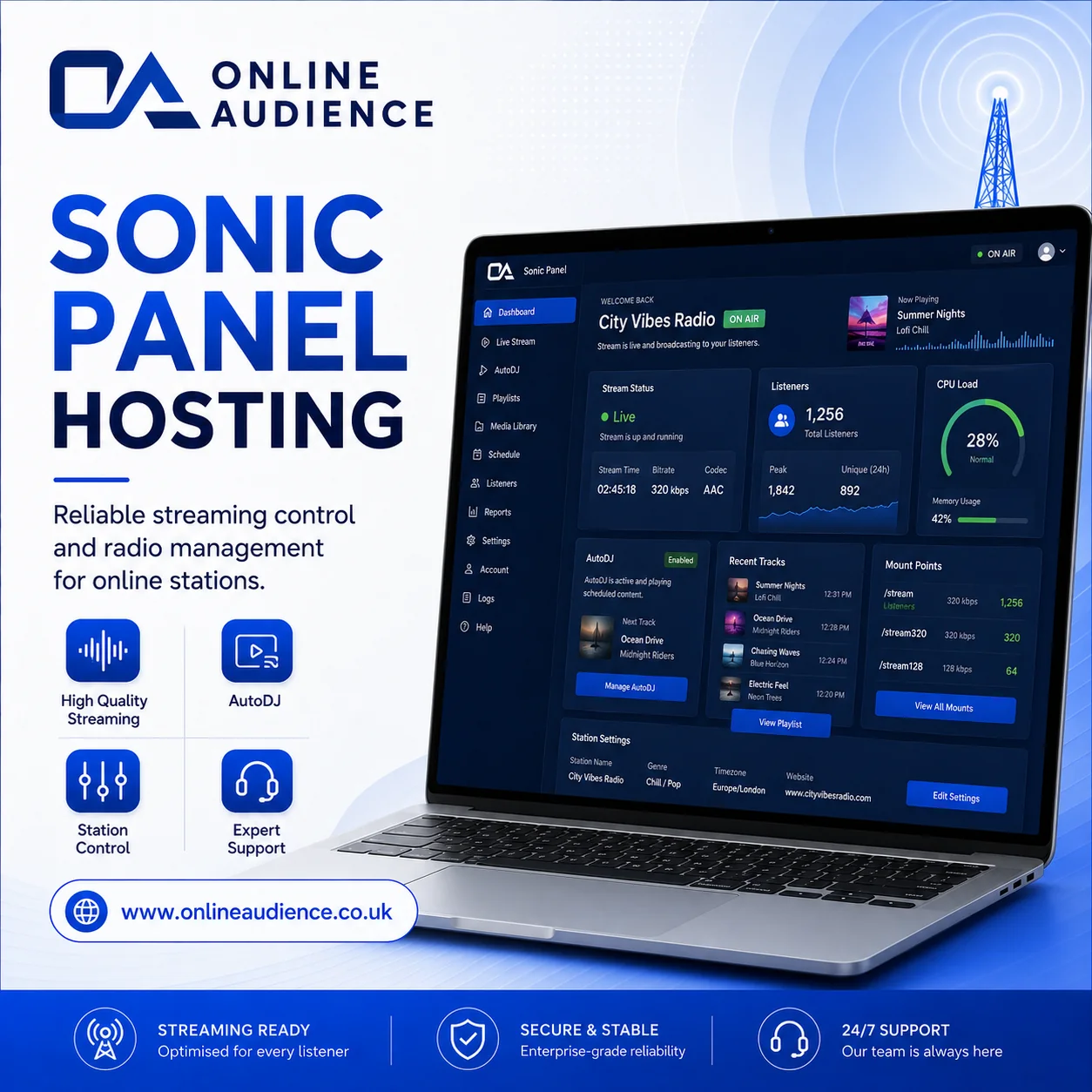 Start with reliable radio hosting, then grow into a complete station brand.